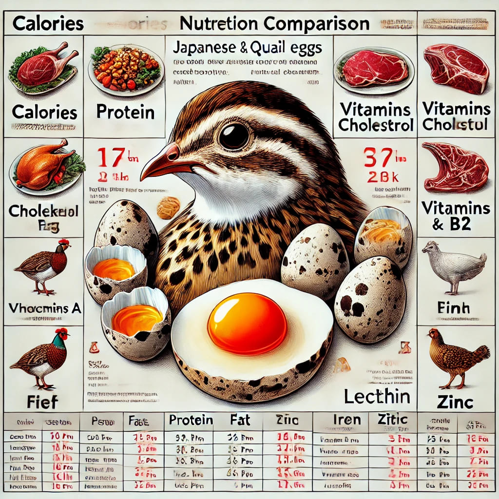 營養比較圖表，顯示日本鵪鶉和鵪鶉蛋為中心，周圍環繞雞蛋、牛肉、豬肉和雞肉的營養資訊。