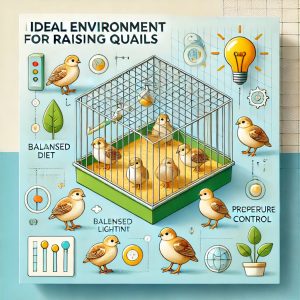 一張展示理想鵪鶉飼養環境的示意圖，包括乾淨寬敞的鵪鶉籠、健康快樂的鵪鶉，以及平衡的飲食、適當的照明和溫度控制等關鍵因素。