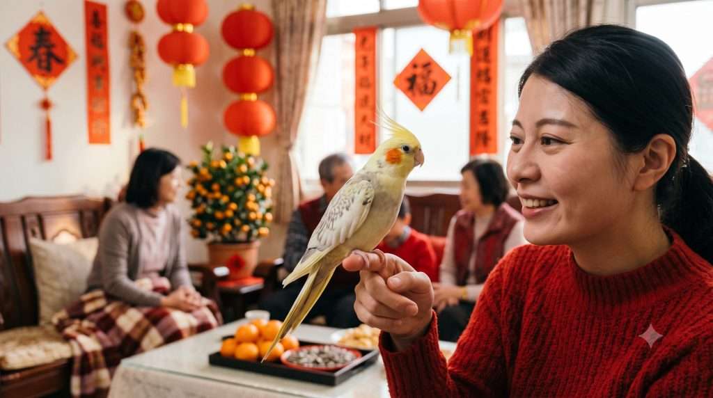春節紅燈籠前站在飼主手上的玄鳳鸚鵡，過年寄宿安心團圓