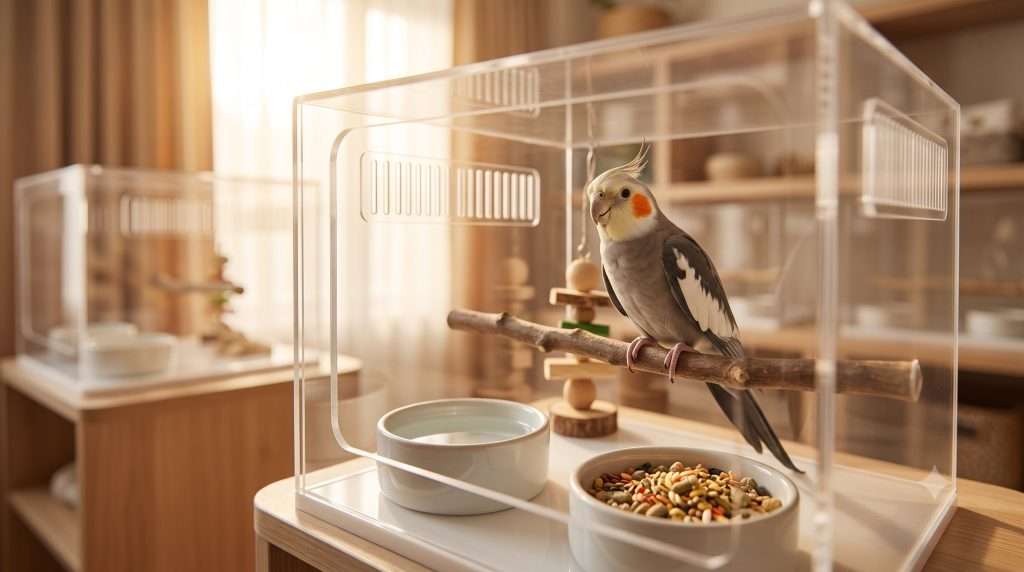 玄鳳鸚鵡在獨立防疫飼養箱內休息，水盆與新鮮飼料齊備
