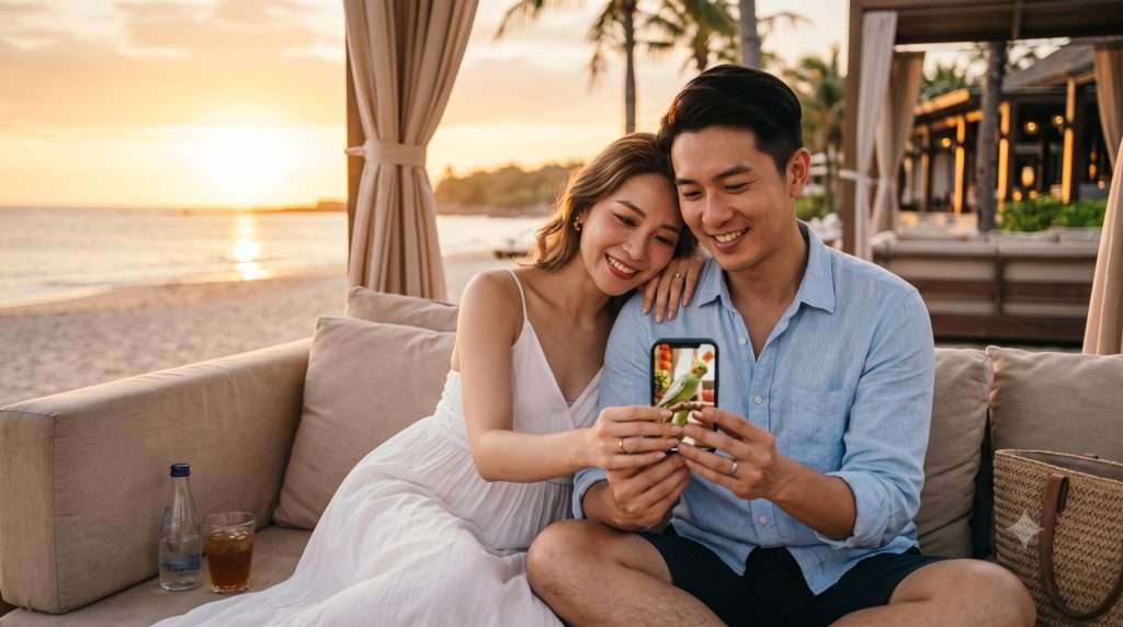 蜜月旅行海邊依偎看鸚鵡影片回報的新婚夫妻